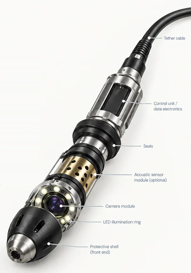 Annotated illustration of in-pipe diagnostics and its principal components