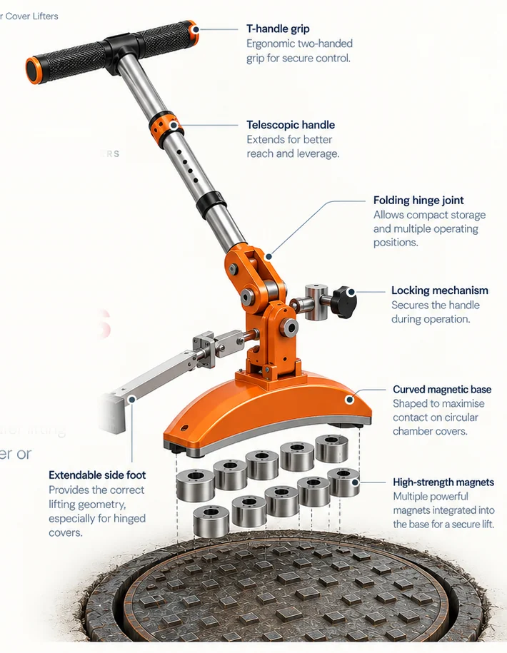 Annotated illustration of magnetic chamber cover lifters and its principal components